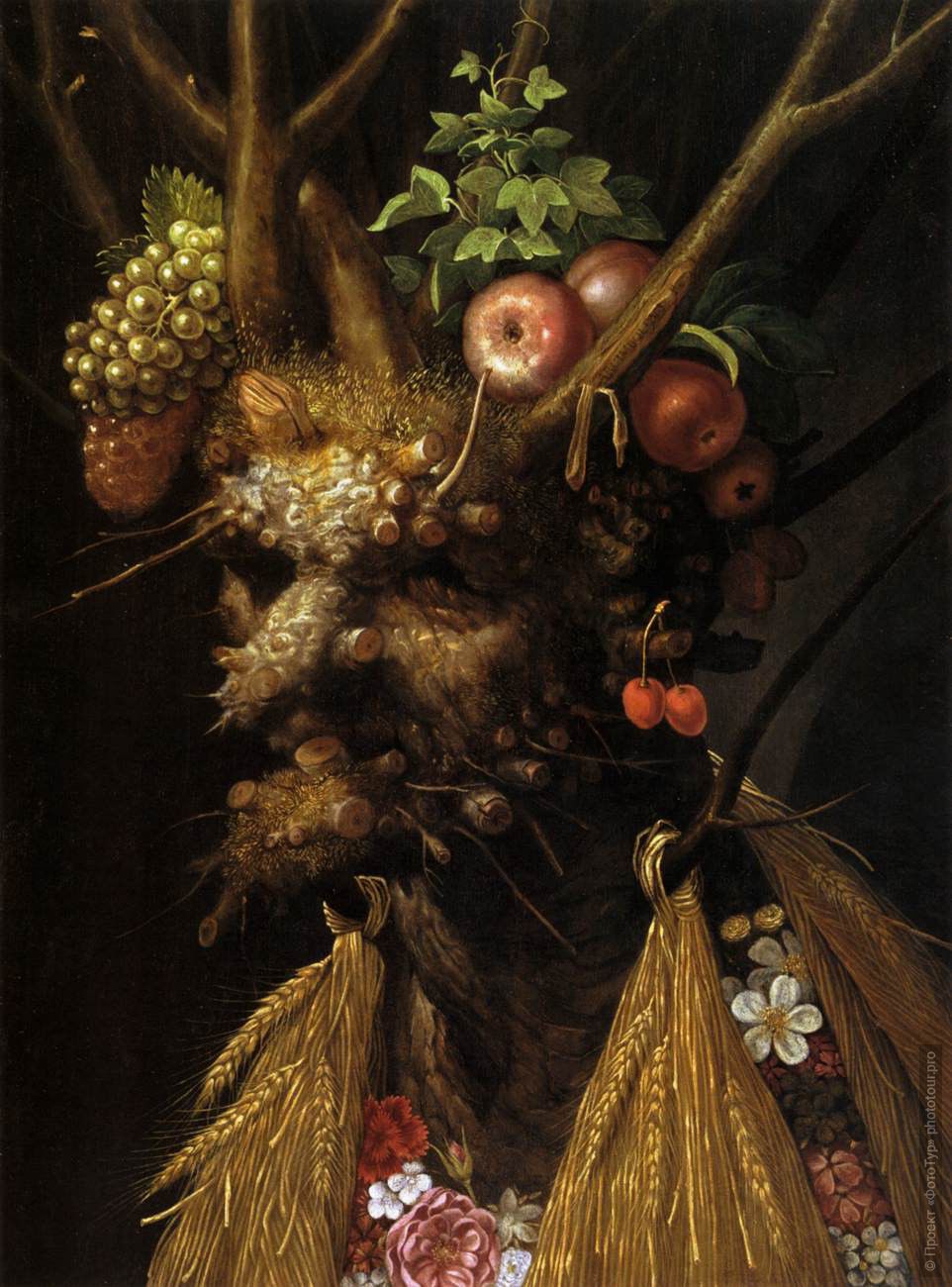      , 1590. The Four Seasons in one Head c. 1590.  . Giuseppe Arcimboldo.