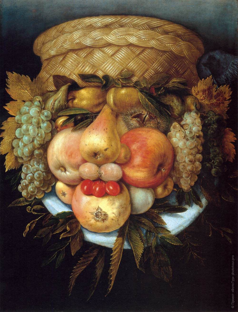     , 1590. Reversible Head with Basket of Fruit. . Giuseppe Arcimboldo.