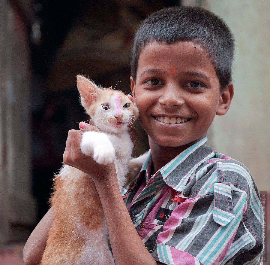 Фото мальчика с котом с праздника Холи в Варанаси, фототур в Индию, март 2012 года.