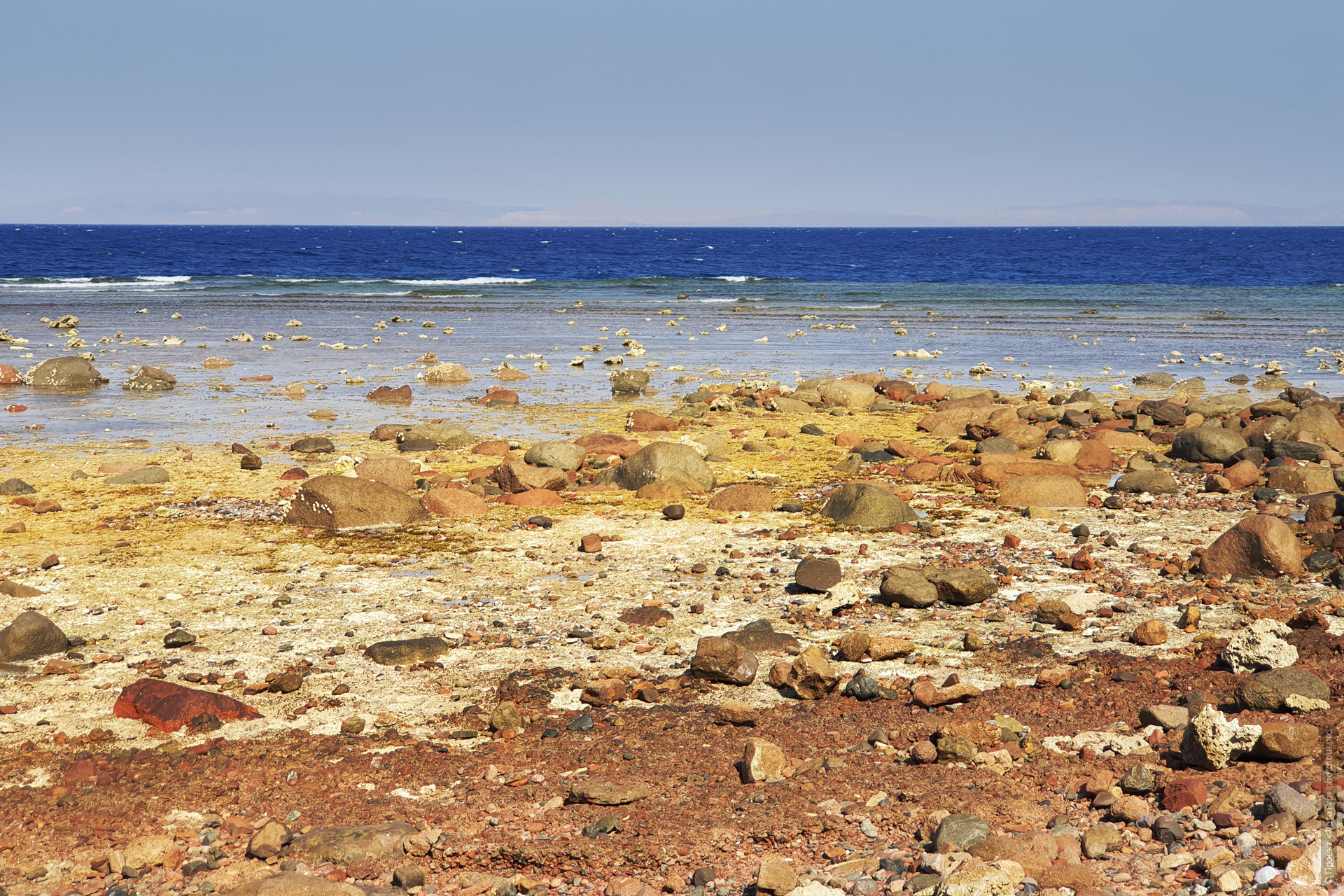 Отливная зона, обнажившаяся в отлив пятка рифа, Дахаб, Синай, Египет.