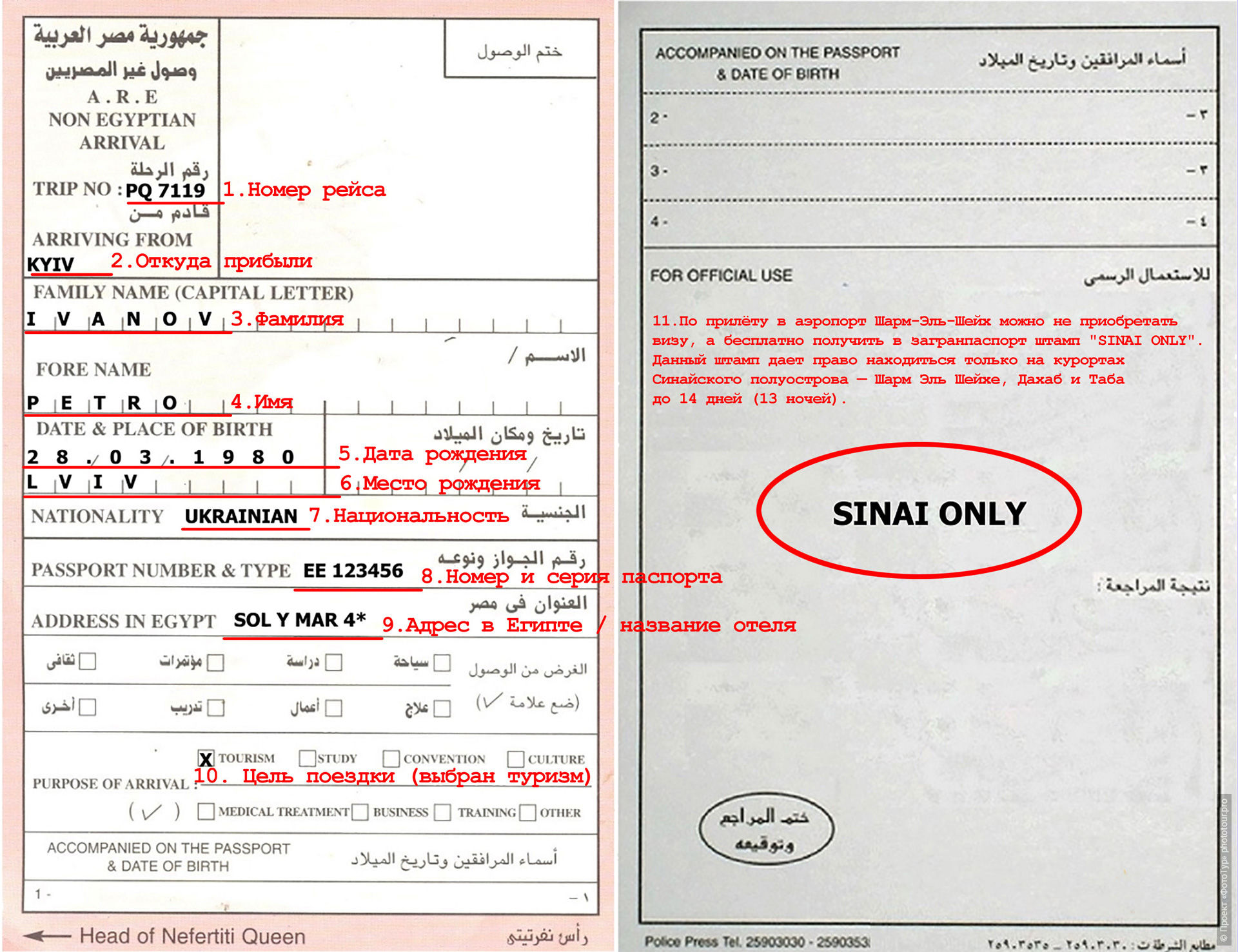 Декларация для получения синайского штампа в Египет.