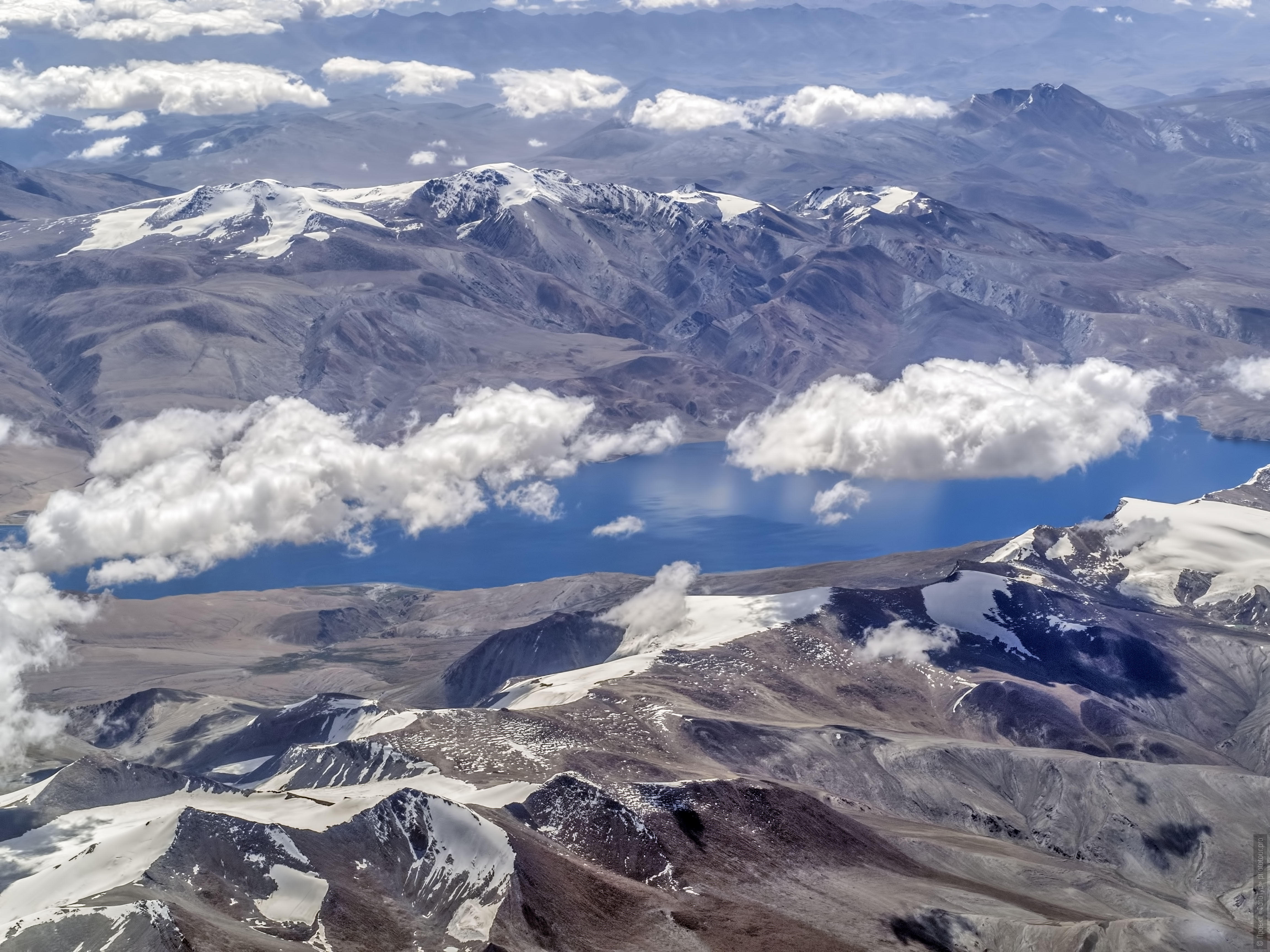 Lake Tso Moriri from an airplane. Photo tour / tour Tibet of Lake-1: Pangong, Tso Moriri, Tso Kar, Tso Chiagar, Dance of Tsam on Lake Pangong, 08.07.-17.07.2022.