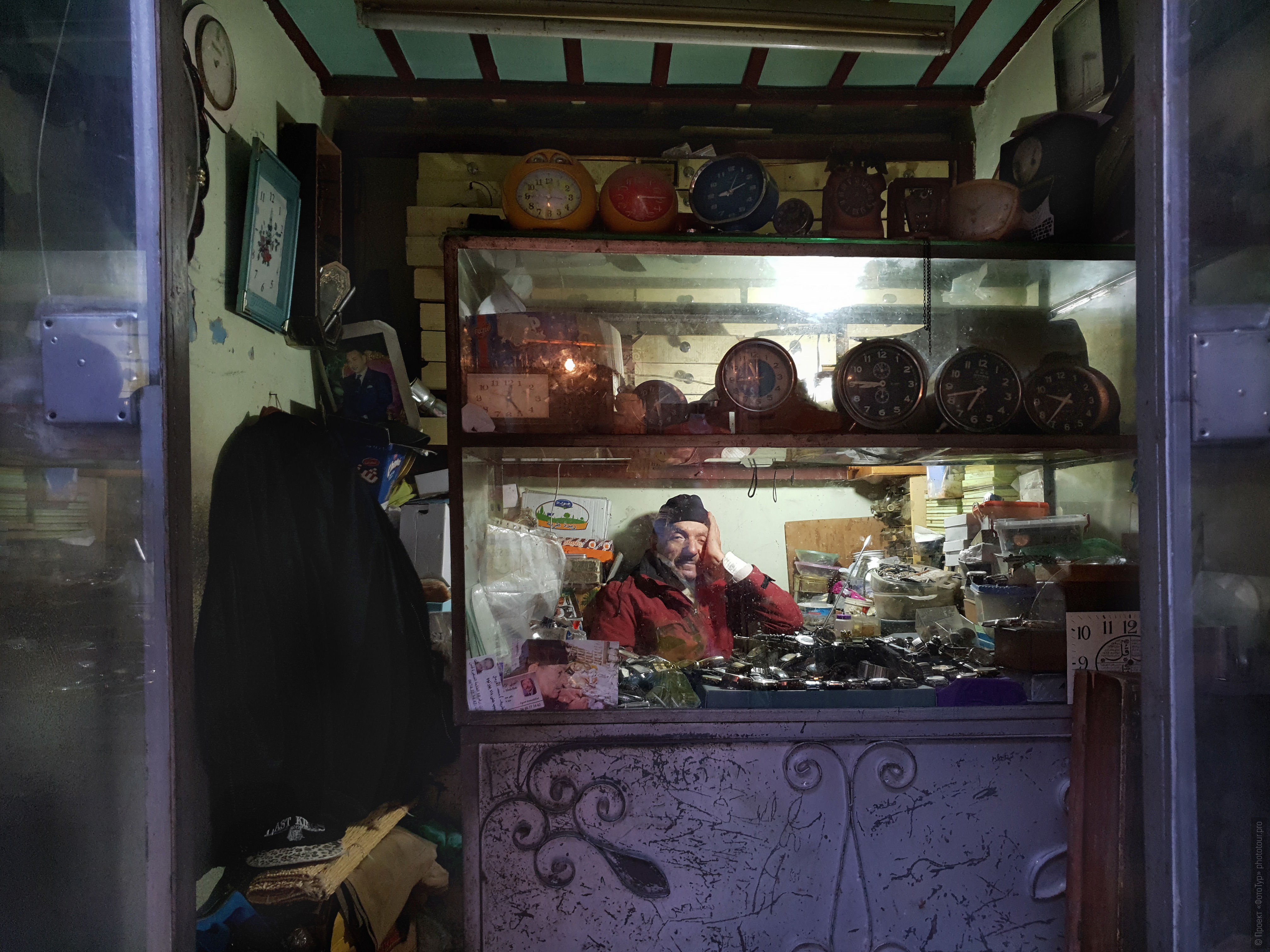 Ancient watch shop in the medina of Fes. Adventure photo tour: medina, cascades, sands and ports of Morocco, April 4 - 17, 2020.