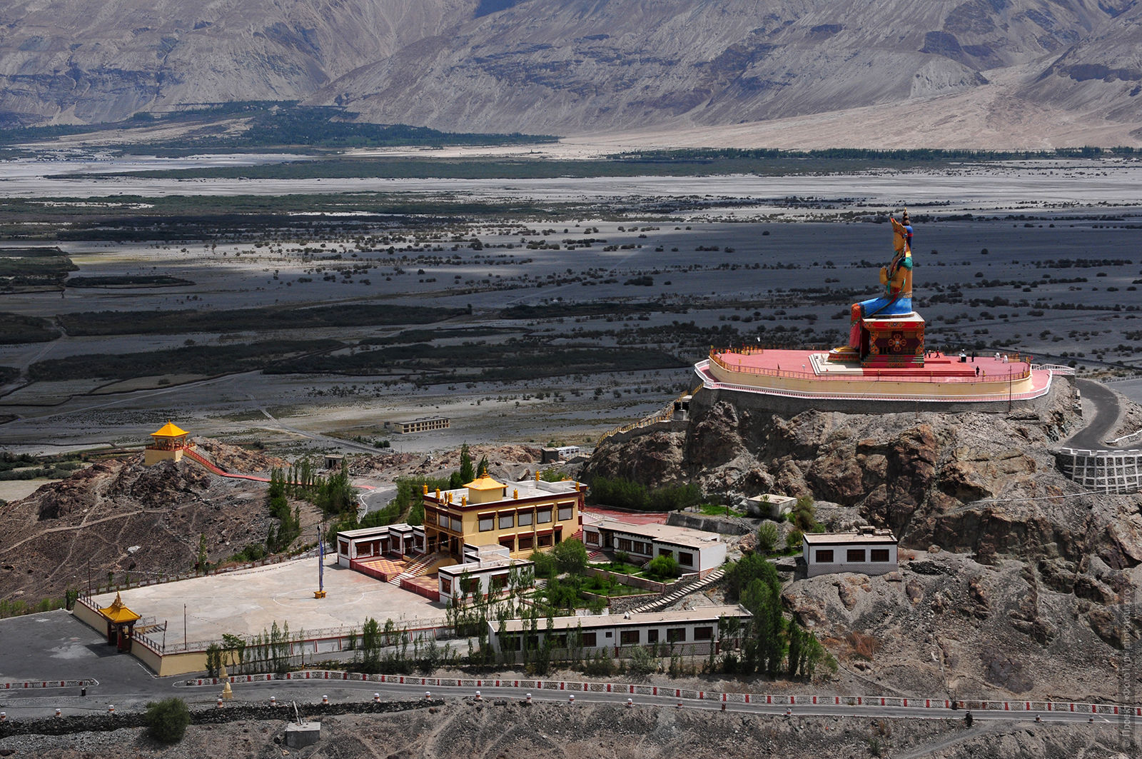Buddha statue Maitreyee Gonpa monastery complex disk, Nuyura Valley, Ladakh. Tour in Nubra Valley, October 2023.