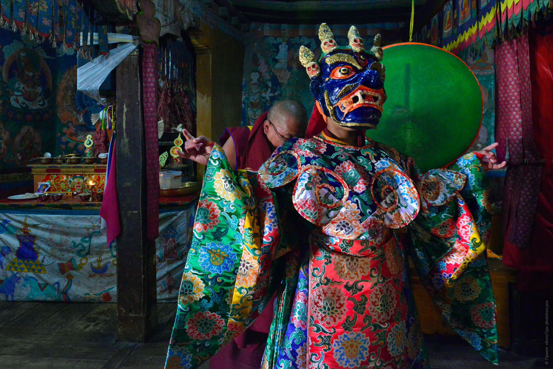 Cham dance, Thiksey Gustor, Thiksey Monastery, Ladakh, Buddhist ritual, Cham dance preparation, monks in masks, Buddhist ritual masks, Mahakala Cham, Blue Mahakala, gompa interior