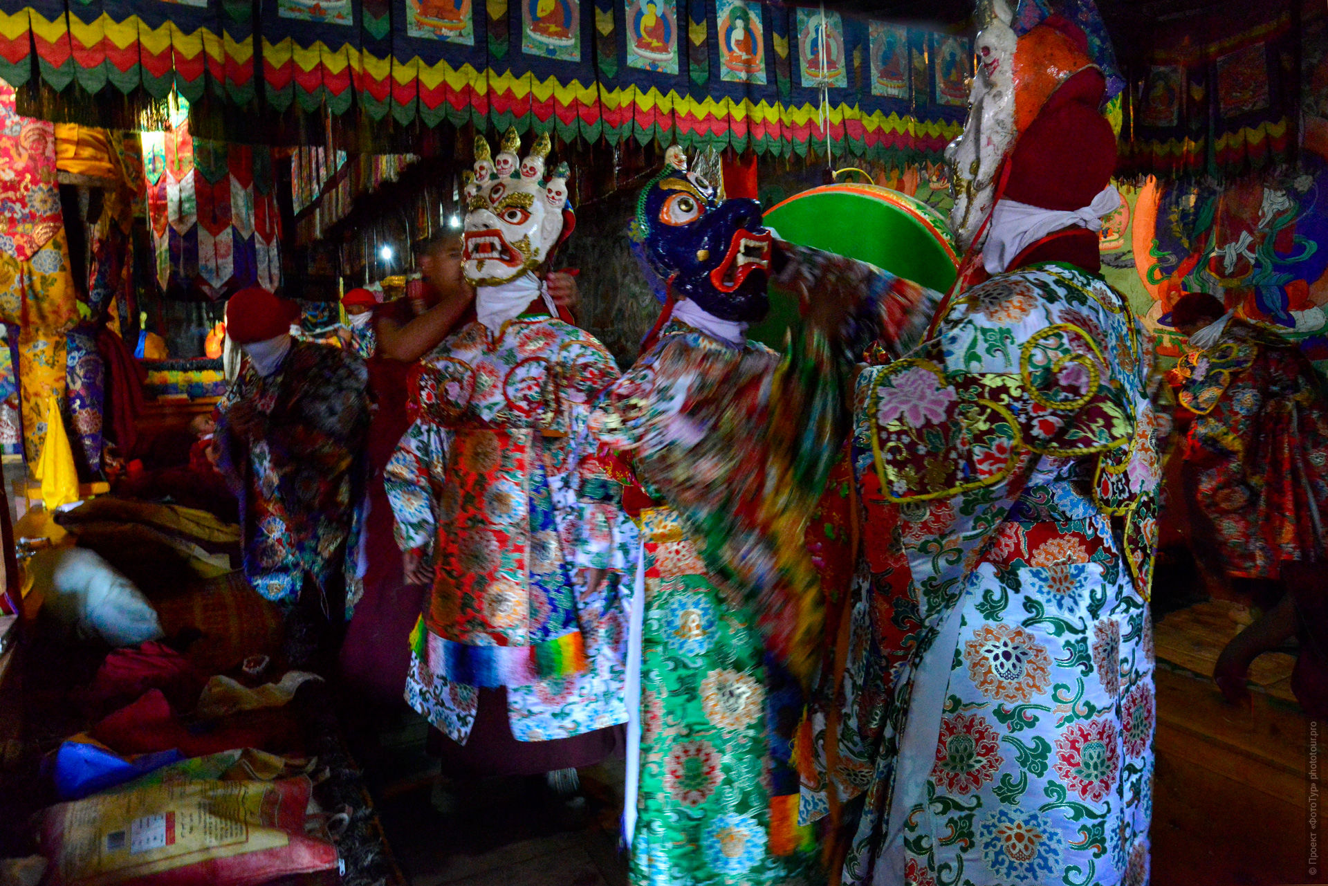Cham dance, Thiksey Gustor, Thiksey Monastery, Ladakh, Buddhist ritual, Cham dance preparation, monks in masks, Buddhist ritual masks, Mahakala Cham, Blue Mahakala, gompa interior
