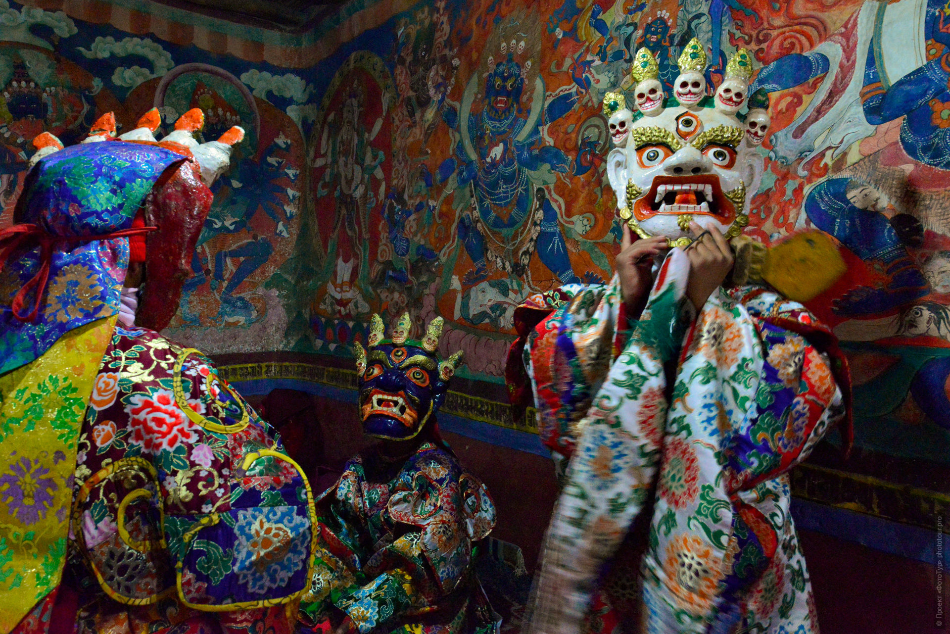 Cham dance, Thiksey Gustor, Thiksey Monastery, Ladakh, Buddhist ritual, Cham dance preparation, monks in masks, Buddhist ritual masks, Mahakala Cham, Blue Mahakala, gompa interior