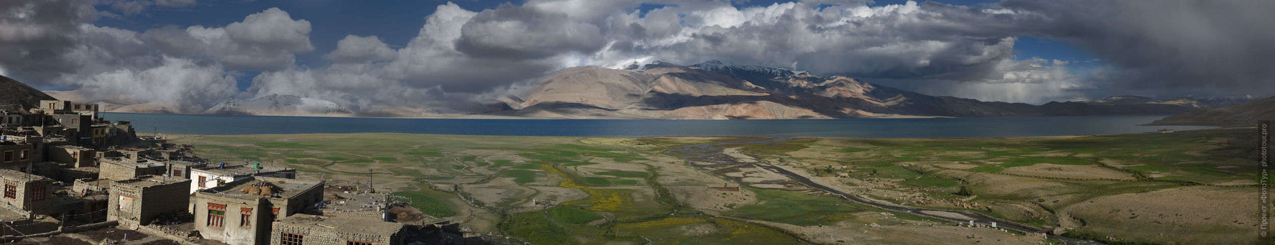 The floodplain of Lake Tso Moriri. Tour Tibet Lakeside Advertising: Alpine lakes, geyser valley, Lamayuru, Colored Mountains, 01 - 10.09. 2022 year.