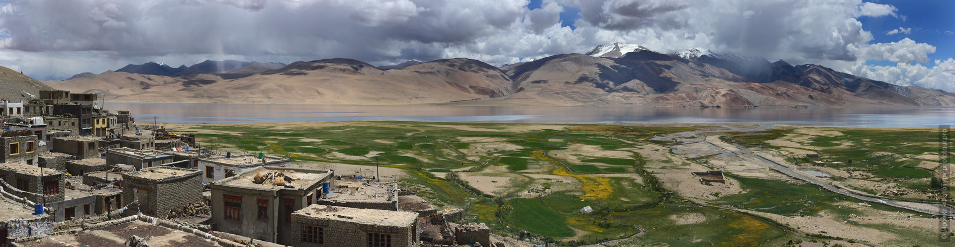 Photo of a mirror of reflections on Lake Tso Moriri overlooking the village of Karzok, Ladakh. Expedition Tibet Lake-2: Pangong, Tso Moriri, Tso Kar, Tso Startsapak, Leh-Manali highway.