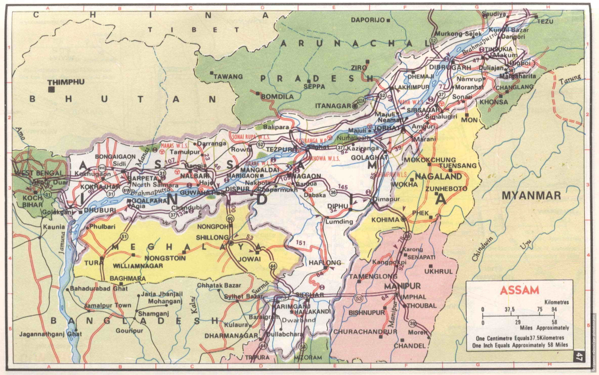 Карта штата Ассам, Индия.