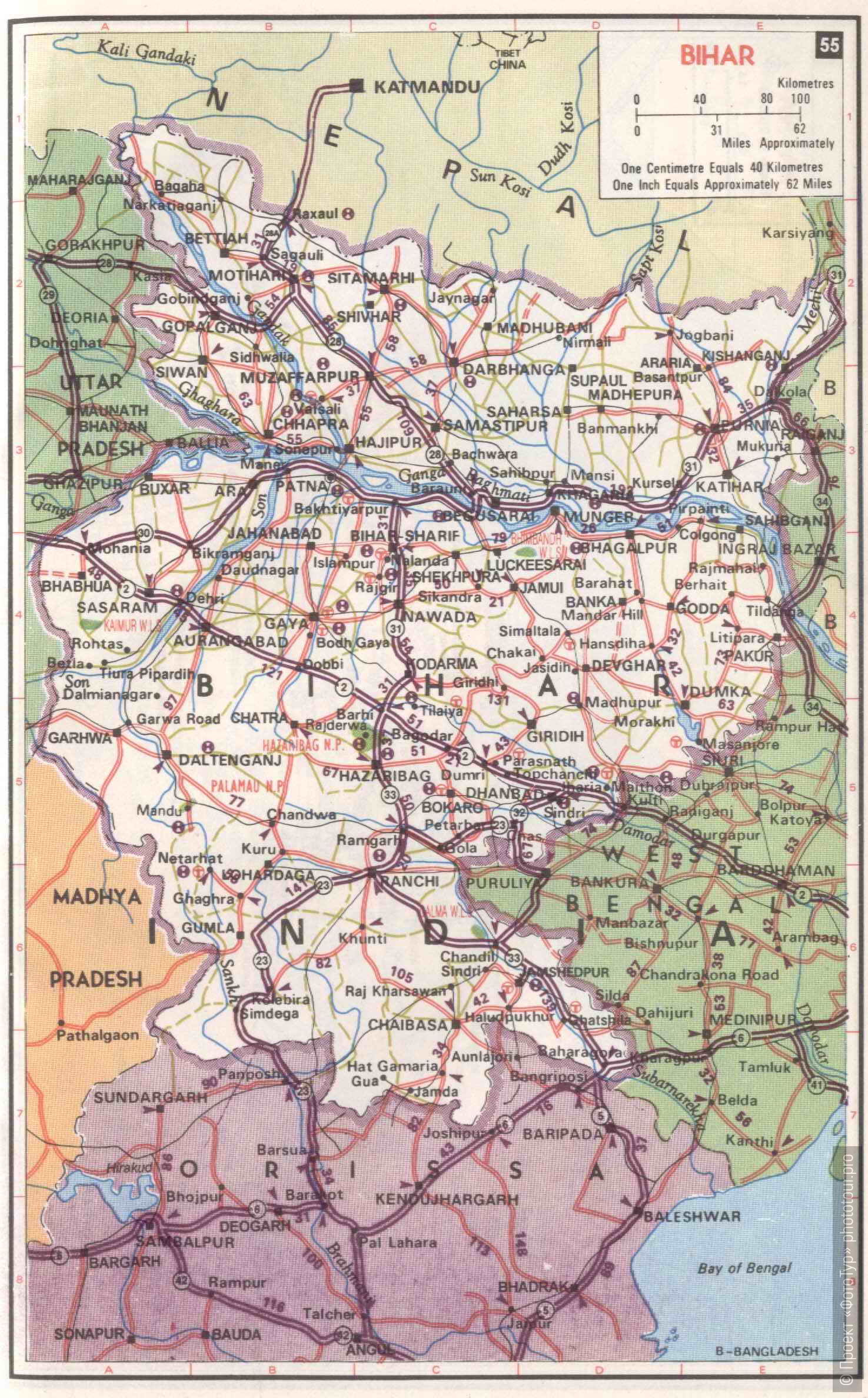 Подробная карта штата Бихар, Индия.