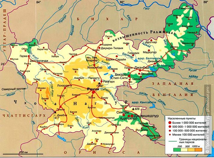 Подробная карта штата Джаркханд, Индия.