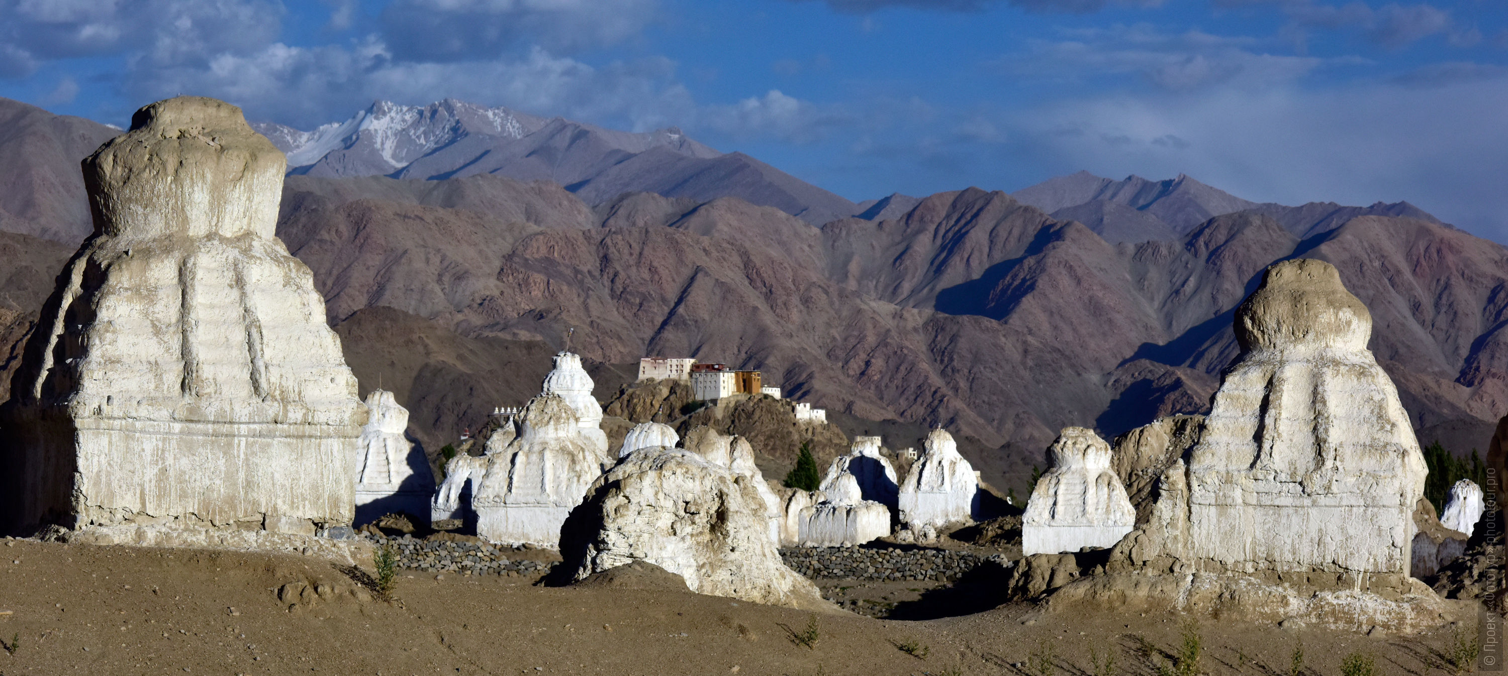 White stupas of the monastery of Shey Gonpa. Tour Origins of Tibet: Bon, true Aryans to Da Khan, Mystery Dance Tsam in Lamayuru, Lake Pangong, June 15 - 26, 2020. Tour to Ladakh.