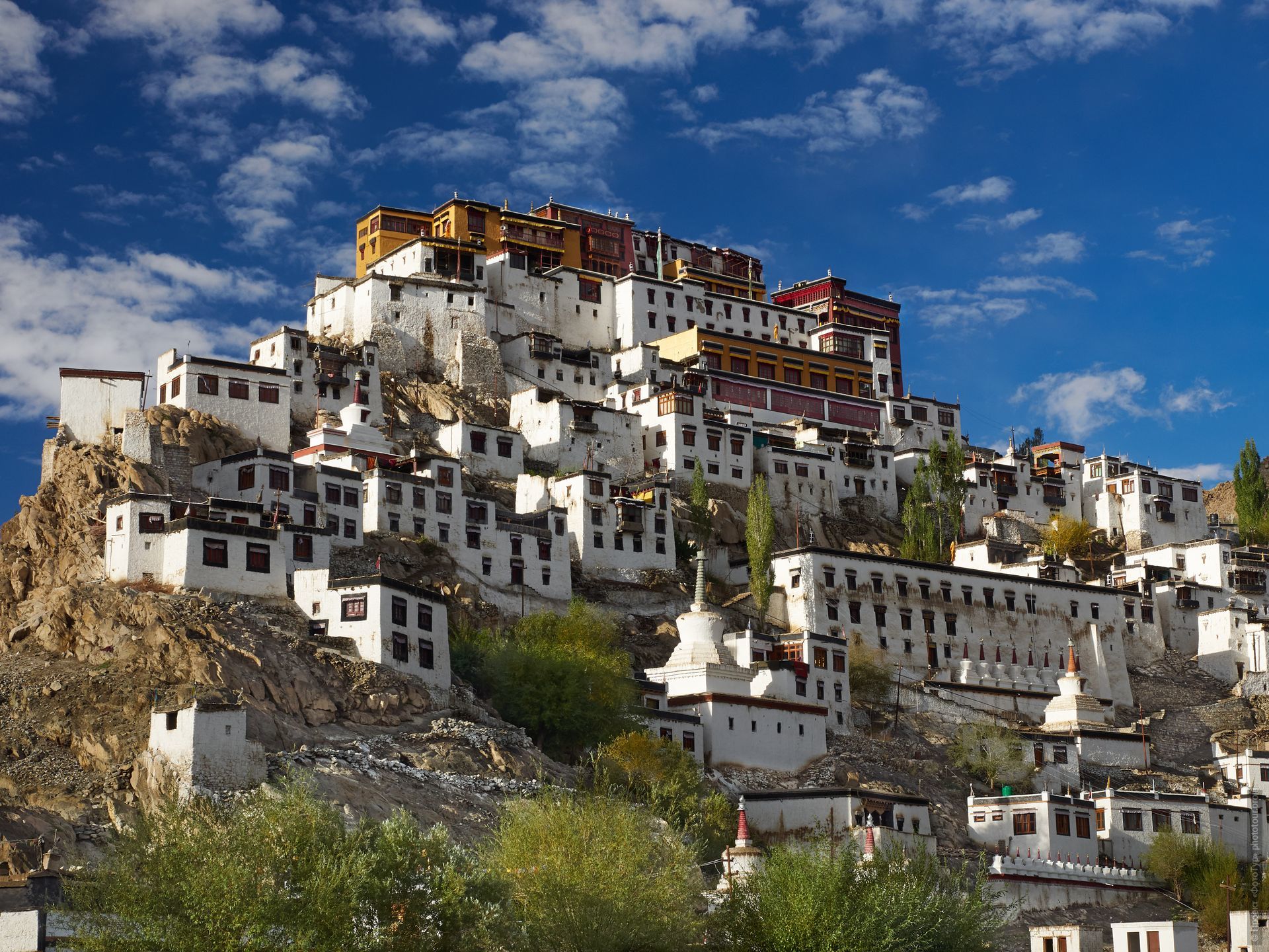 Buddhist monastery Tiksey Gonpa. Tour Tibet Lakeside Advertising: Alpine lakes, geyser valley, Lamayuru, Colored Mountains, 01 - 10.09. 2022 year.