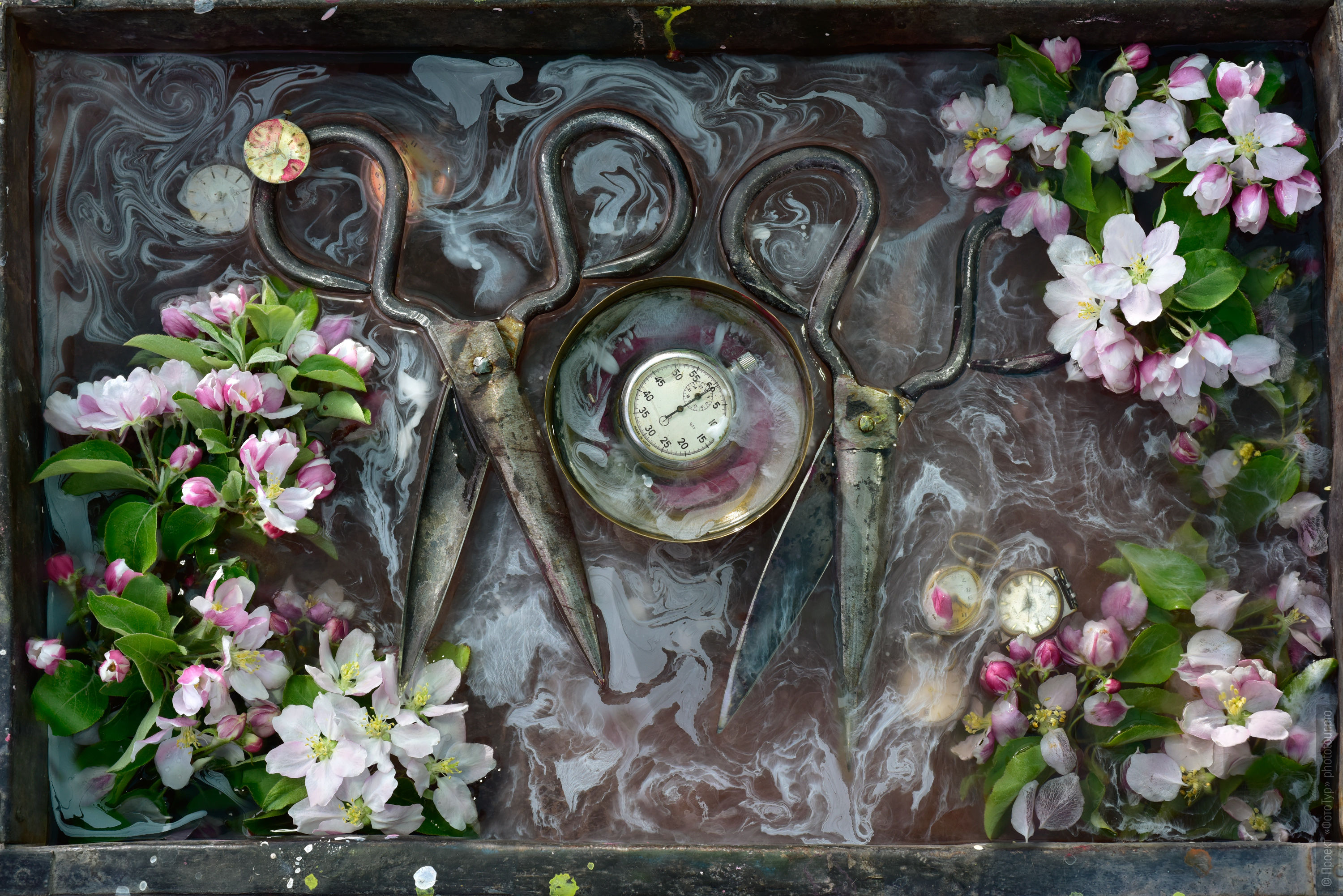 Натюрморт с цветами и Ножницами в корытце из-под тибетской печи с водой.