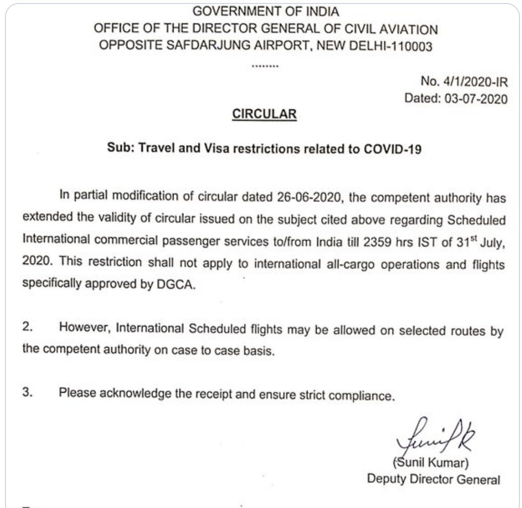 Индия продлила запрет на международное авиасообщение, который был введен из-за коронавируса до 31 июля.
