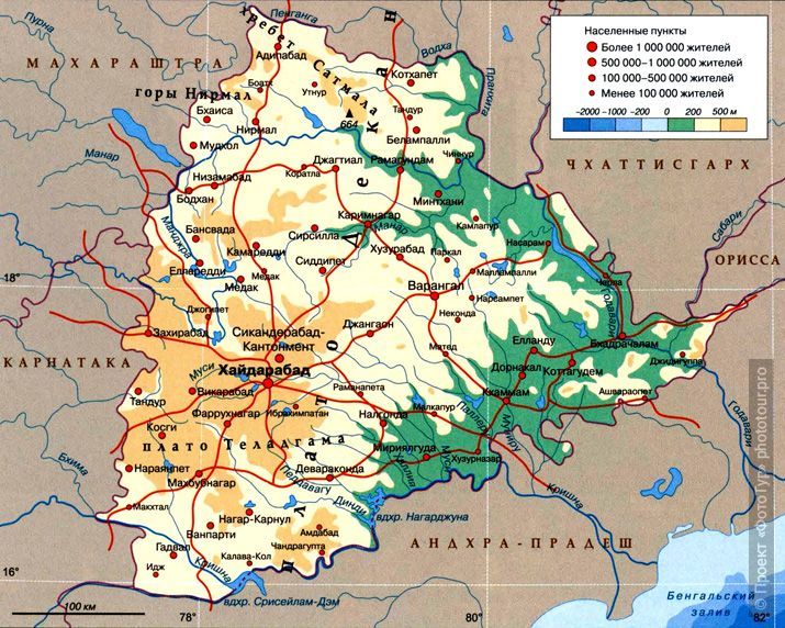 Подробная карта штата Телингана, Индия.